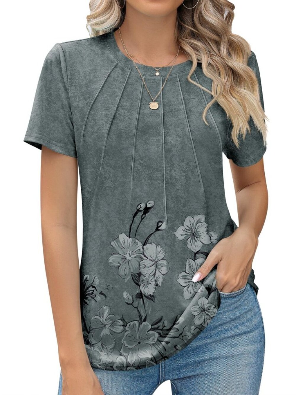 Womens Casual Crew Neck Shirts Short Sleeve Pleated Tops Blouses